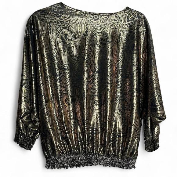 Vintage 80s Metallic Gold Lamé Black Paisley Batwing Blouse Retro Disco Top L - Picture 2 of 7